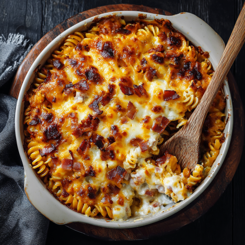 Gratin de pâtes aux lardons halal